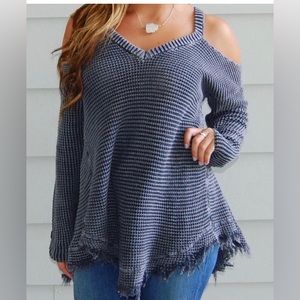 BY TOGETHER Distressed Open Cold Shoulder Waffle Knit Top Sweater Size S/M